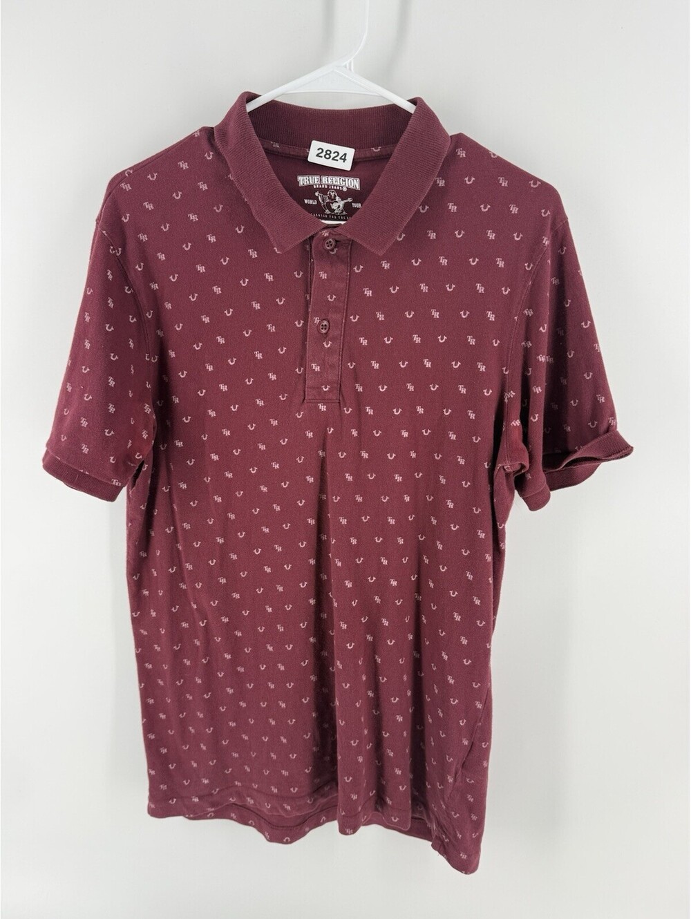 True Religion Men's Burgundy Polo Shirt Logo Micro Pattern Short Sleeve Medium